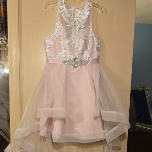 Pink and White Embroidered Dress with Tulle Overlay